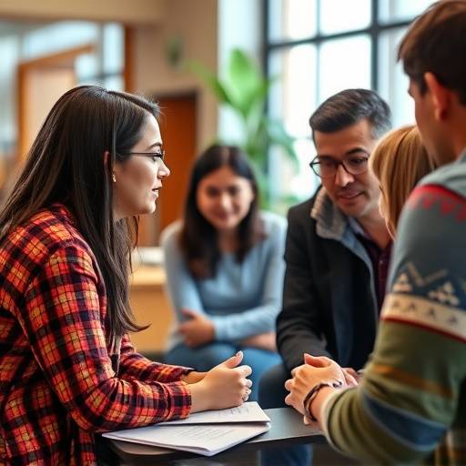 A counselor discussing college options with a student and their parents